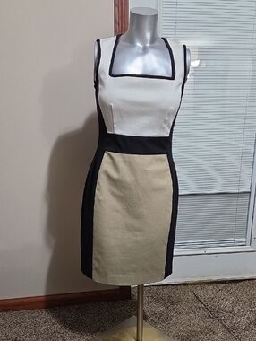 Banana Republic Cream, Beige and Black Colorblock Midi Sheath Dress